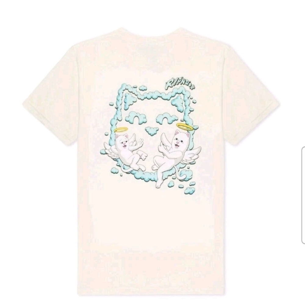 RIPNDIP Unisex Cream In The Clouds Angel Cat Skate Streetwear Crew Neck Tee M